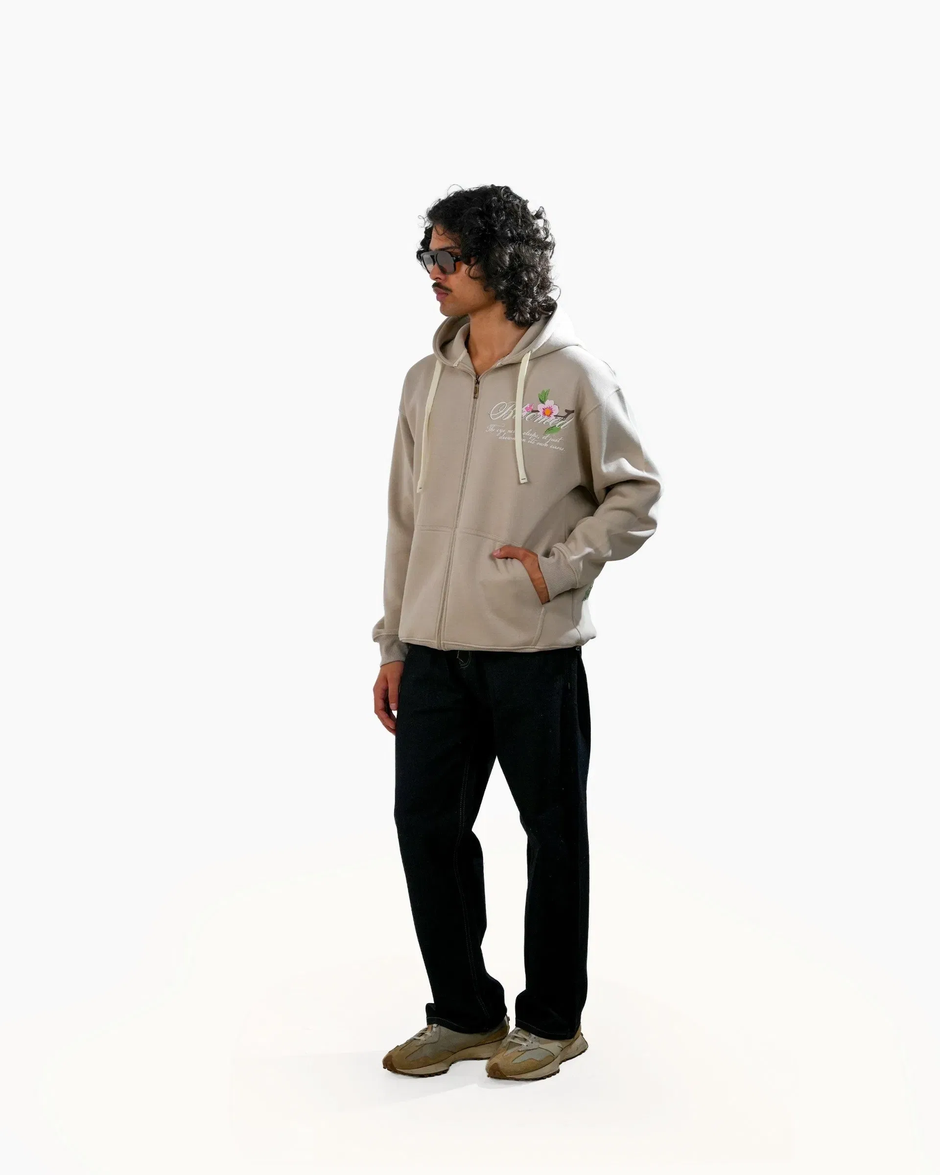 Bloomed Hoodie - Grey Oversized Printed Zipper Hoodie