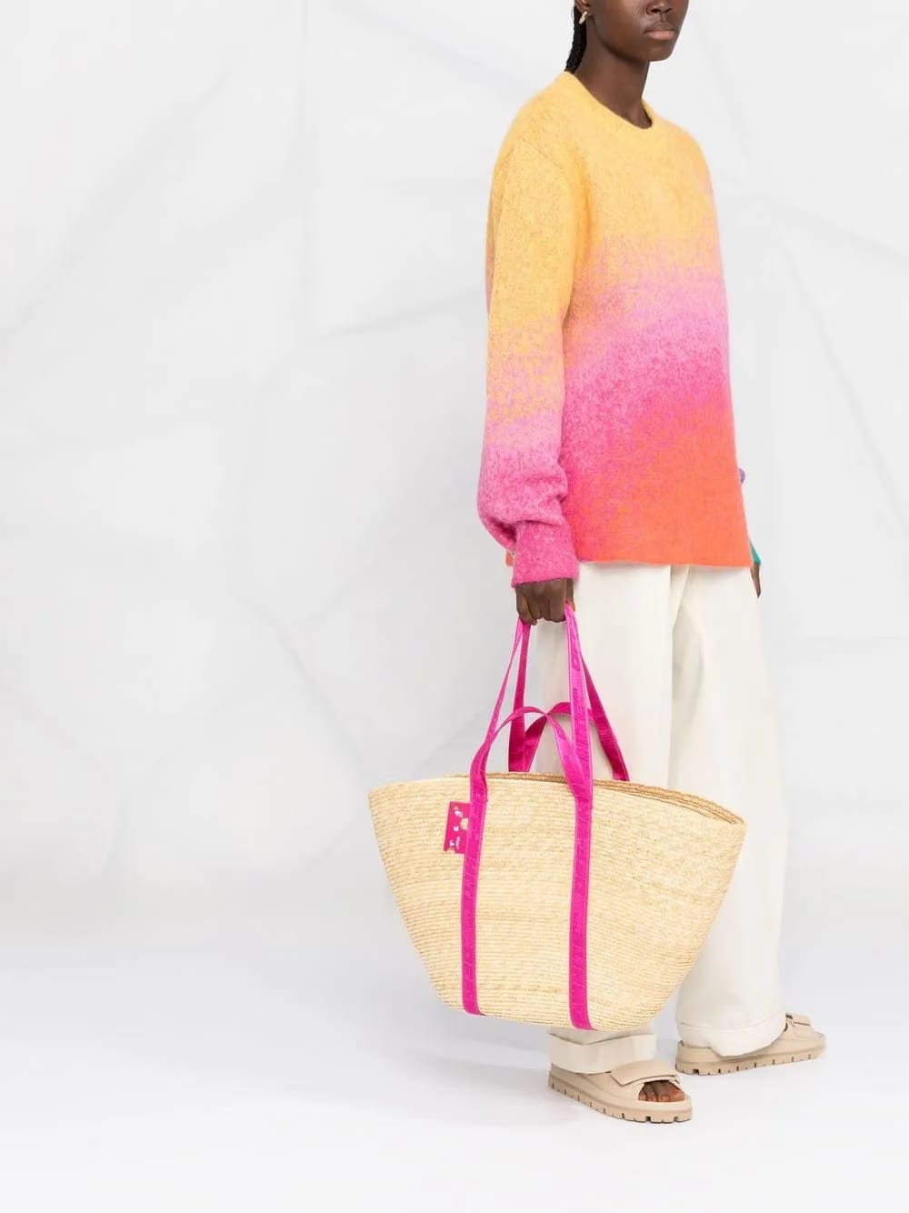 Industrial-strap straw tote bag