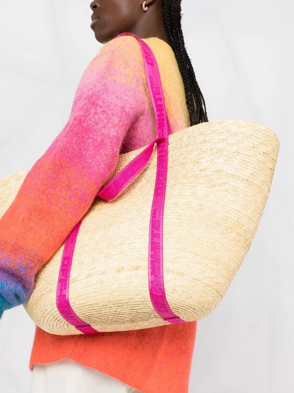 Industrial-strap straw tote bag