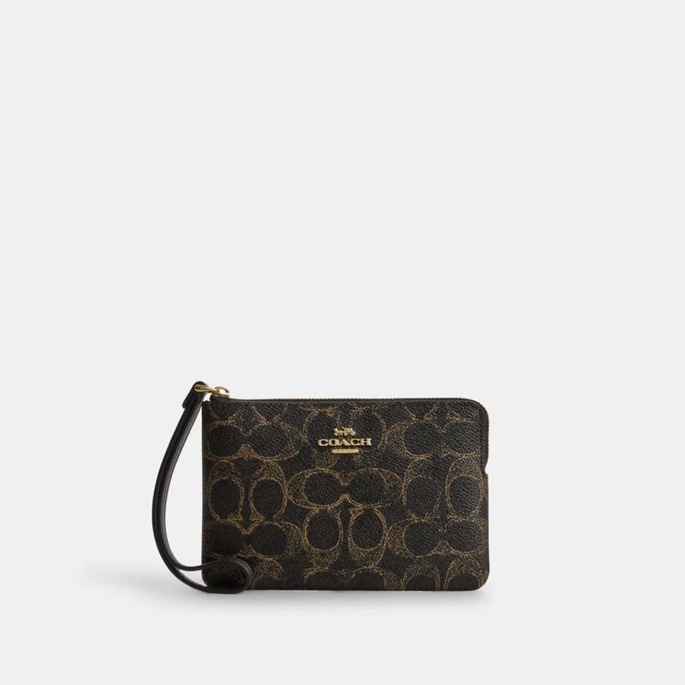 Coach Corner Zip Wristlet In Loved Signature Canvas Gold Brown
