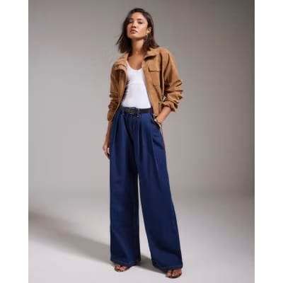 Blue Belted Pleated Wide Leg Jeans
