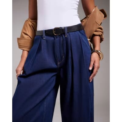 Blue Belted Pleated Wide Leg Jeans