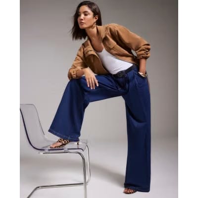Blue Belted Pleated Wide Leg Jeans