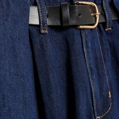 Blue Belted Pleated Wide Leg Jeans