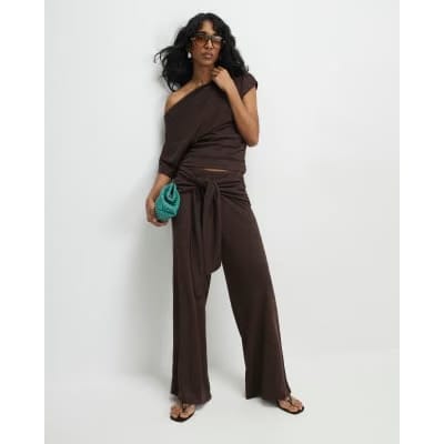 Brown Banded Hem Drape Top