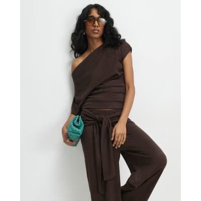 Brown Banded Hem Drape Top