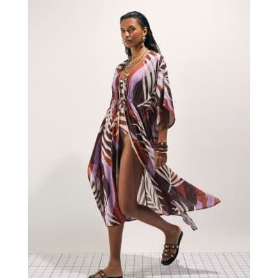 Brown Leaf Print Maxi Kaftan