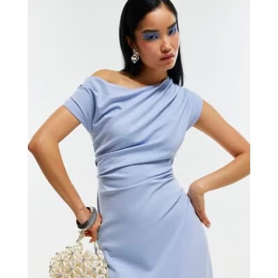 Blue Stretch Draped Midi Dress