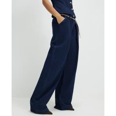 Blue Mid Rise Wide Leg Belted Jeans