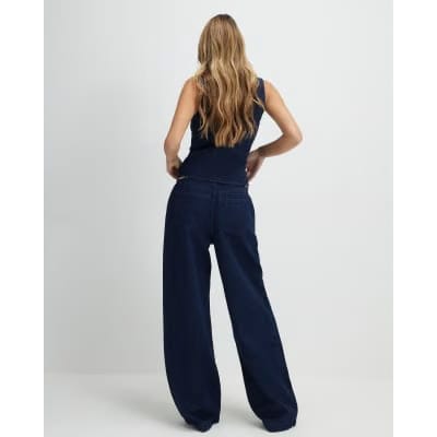 Blue Mid Rise Wide Leg Belted Jeans