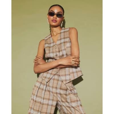 Beige Checked Cinched Waist Waistcoat