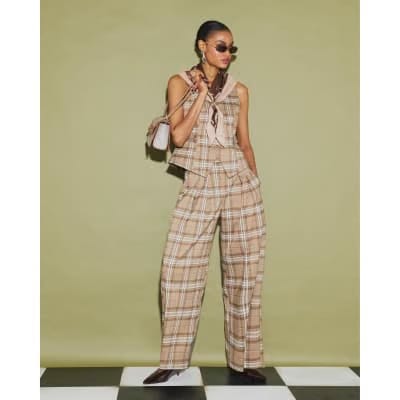 Beige Checked Cinched Waist Waistcoat