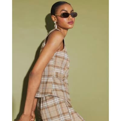 Beige Checked Cinched Waist Waistcoat