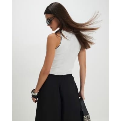 White Knit Ribbed Tipped Vest Top