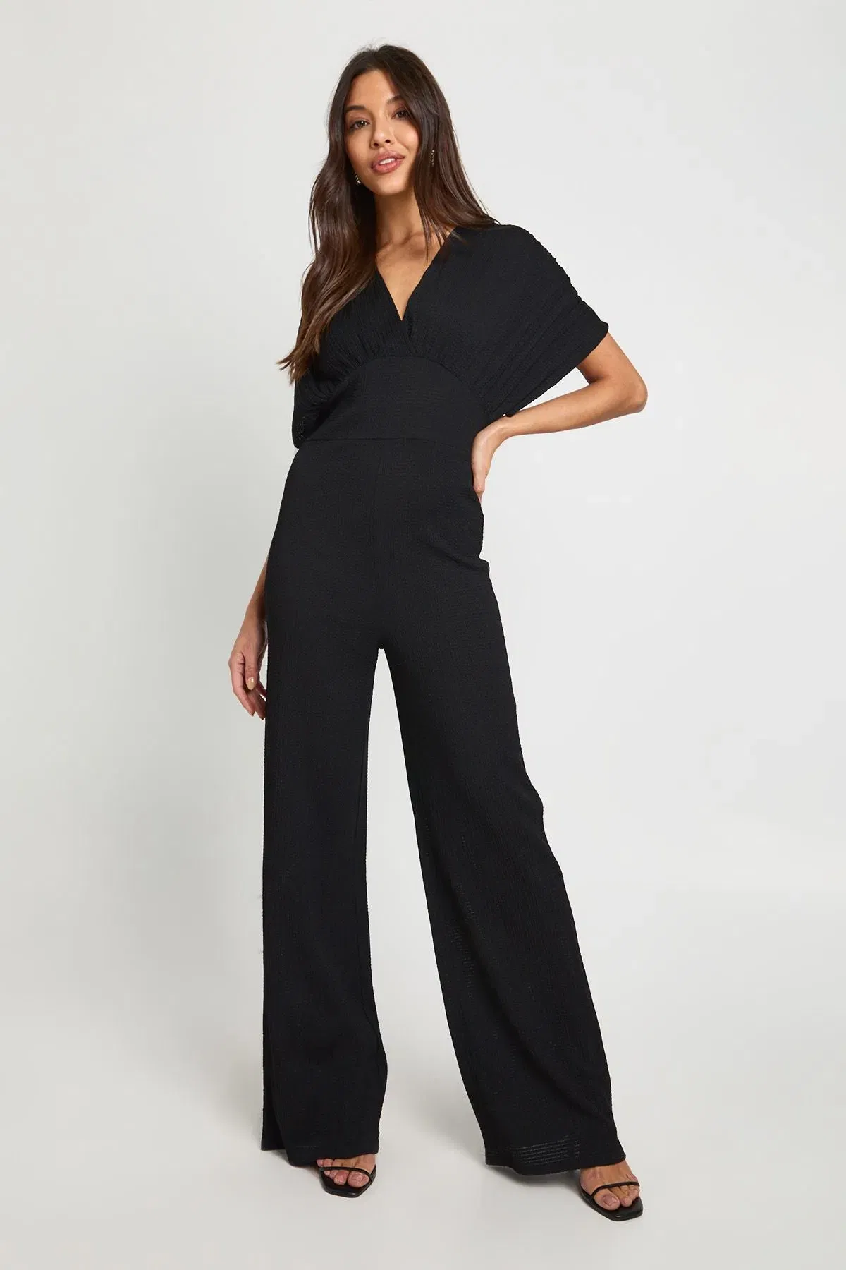 Textured Plunge Batwing Wide Leg Jumpsuit