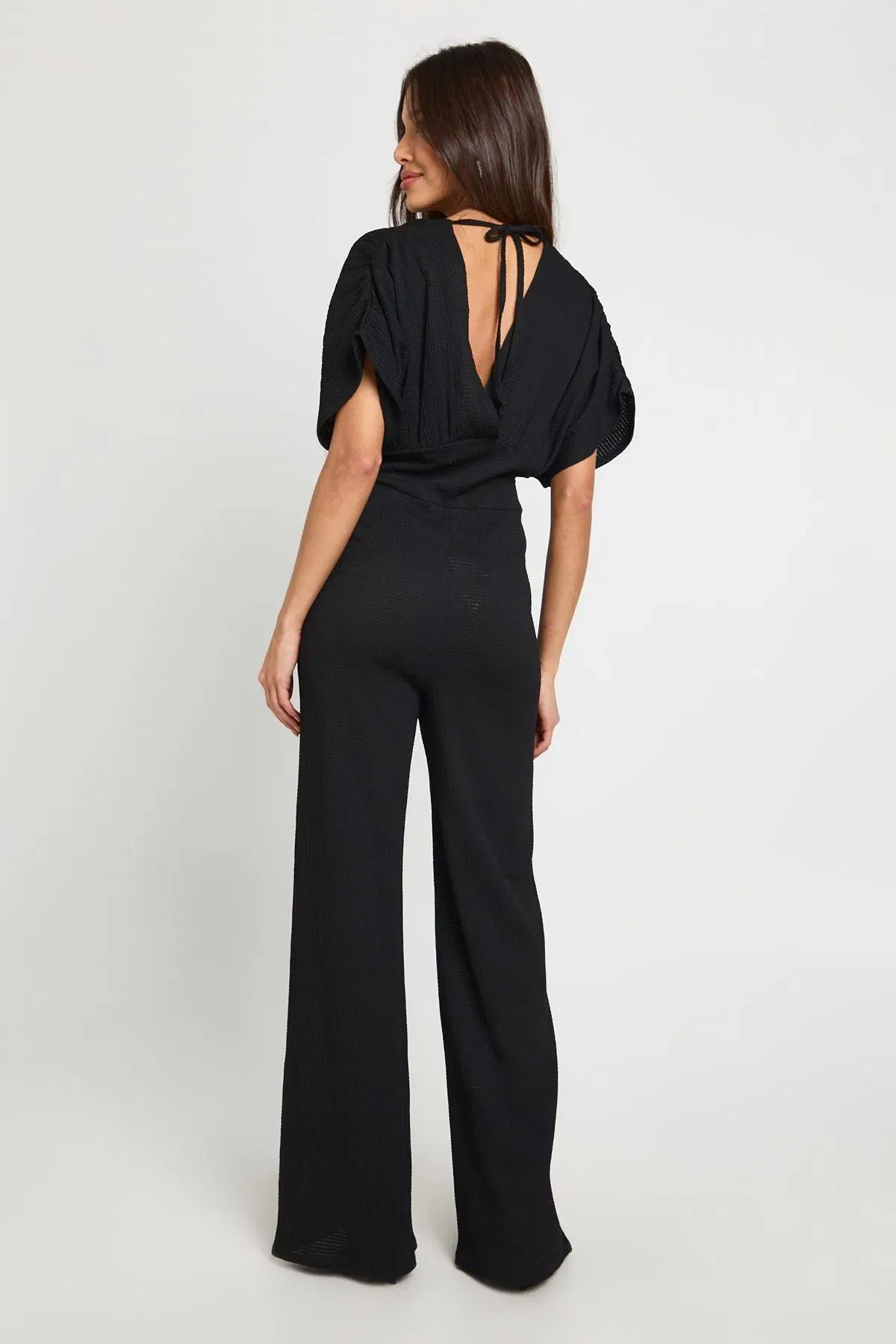 Textured Plunge Batwing Wide Leg Jumpsuit