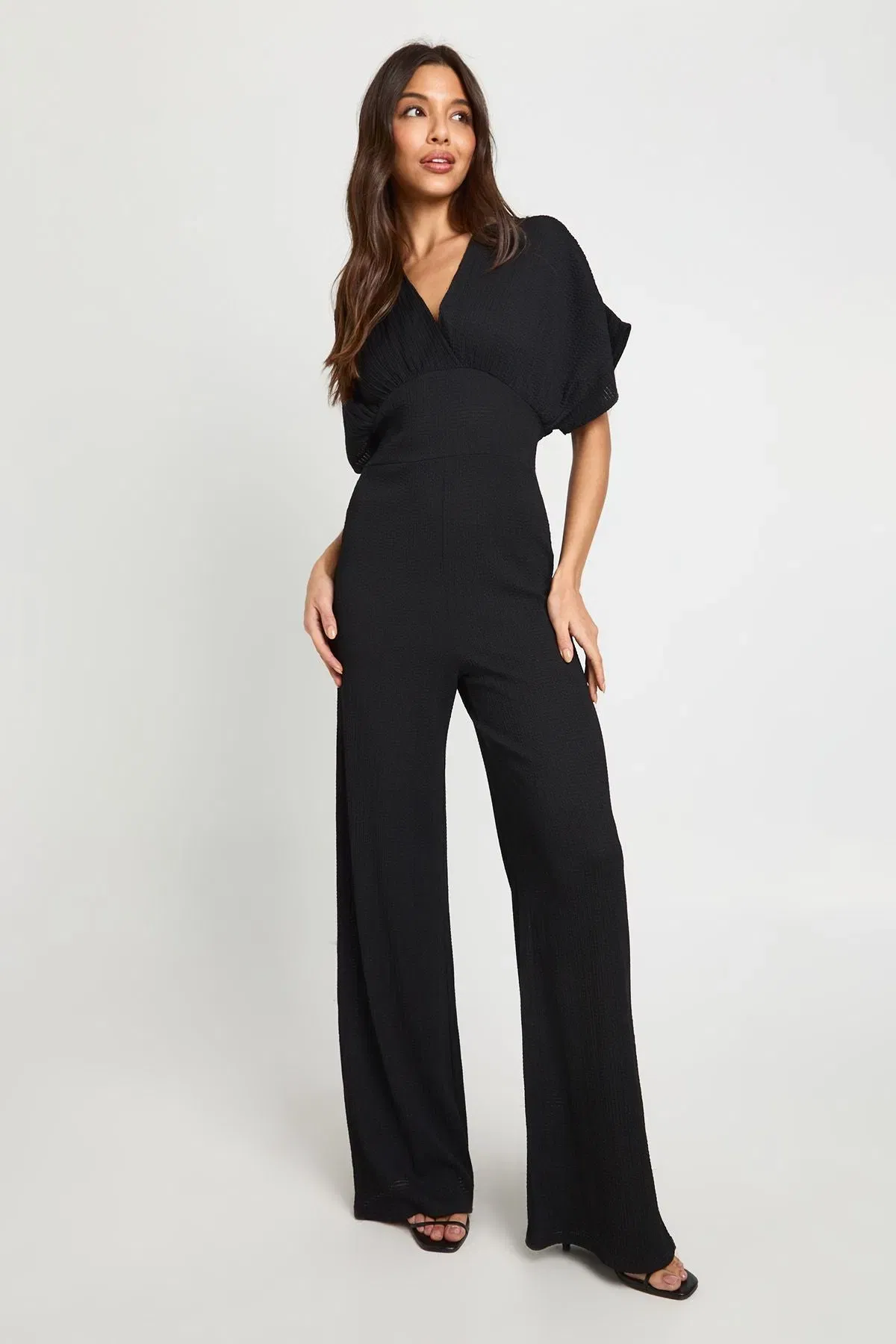 Textured Plunge Batwing Wide Leg Jumpsuit