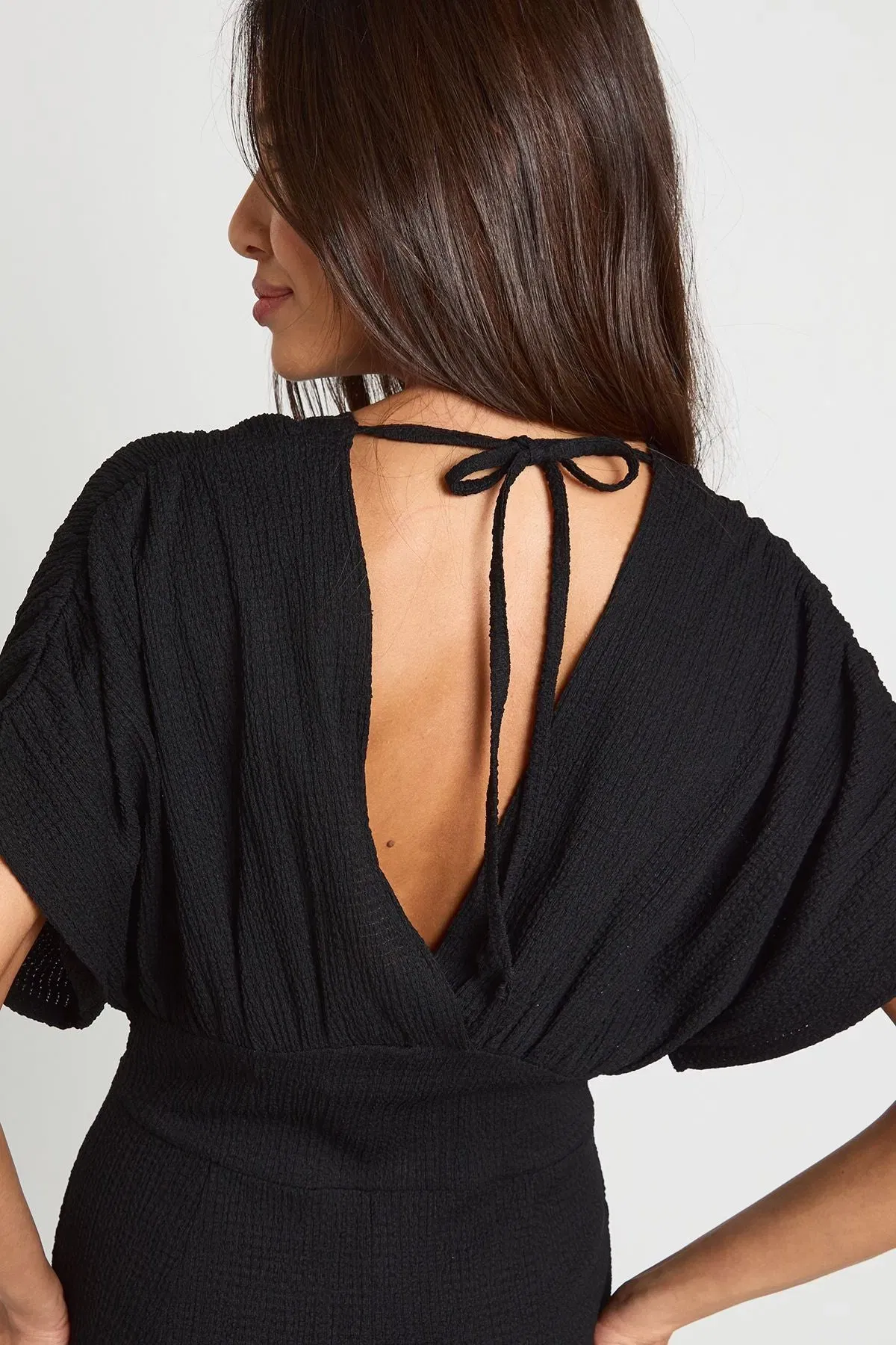 Textured Plunge Batwing Wide Leg Jumpsuit