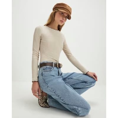 Beige Long Sleeve Scallop Trim Top