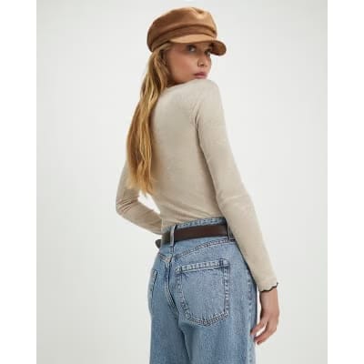 Beige Long Sleeve Scallop Trim Top