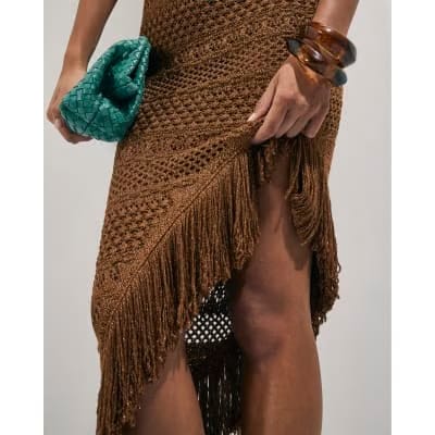 Brown Metallic Knit Asymmetric Midi Dress
