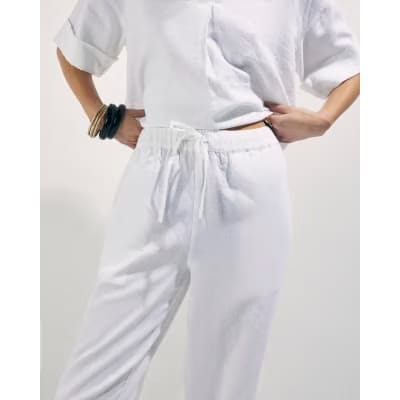 White Linen Blend Drawstring Tapered Trousers
