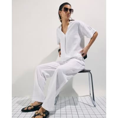 White Linen Blend Drawstring Tapered Trousers