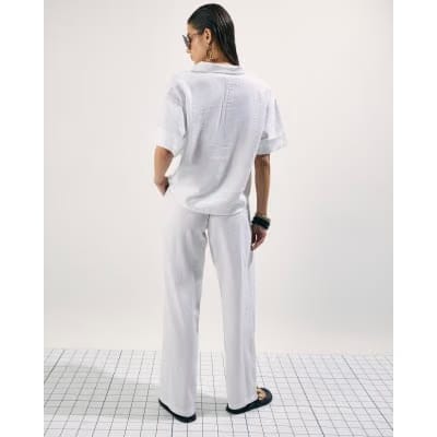 White Linen Blend Drawstring Tapered Trousers