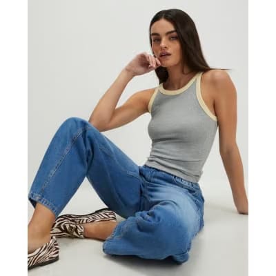 Grey Sleeveless Ribbed Tipped Tank Top
