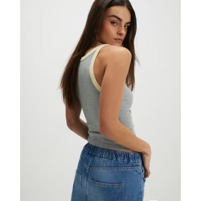 Grey Sleeveless Ribbed Tipped Tank Top