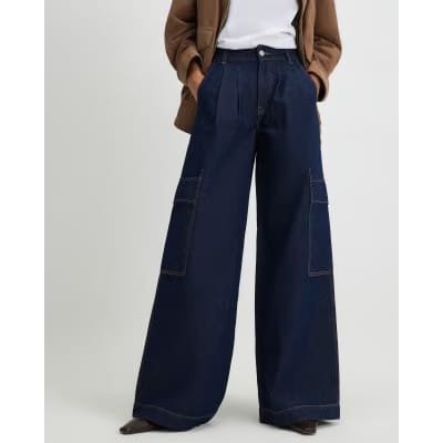 Indigo Mid Rise Cargo Wide Leg Baggy Jeans
