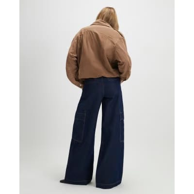 Indigo Mid Rise Cargo Wide Leg Baggy Jeans