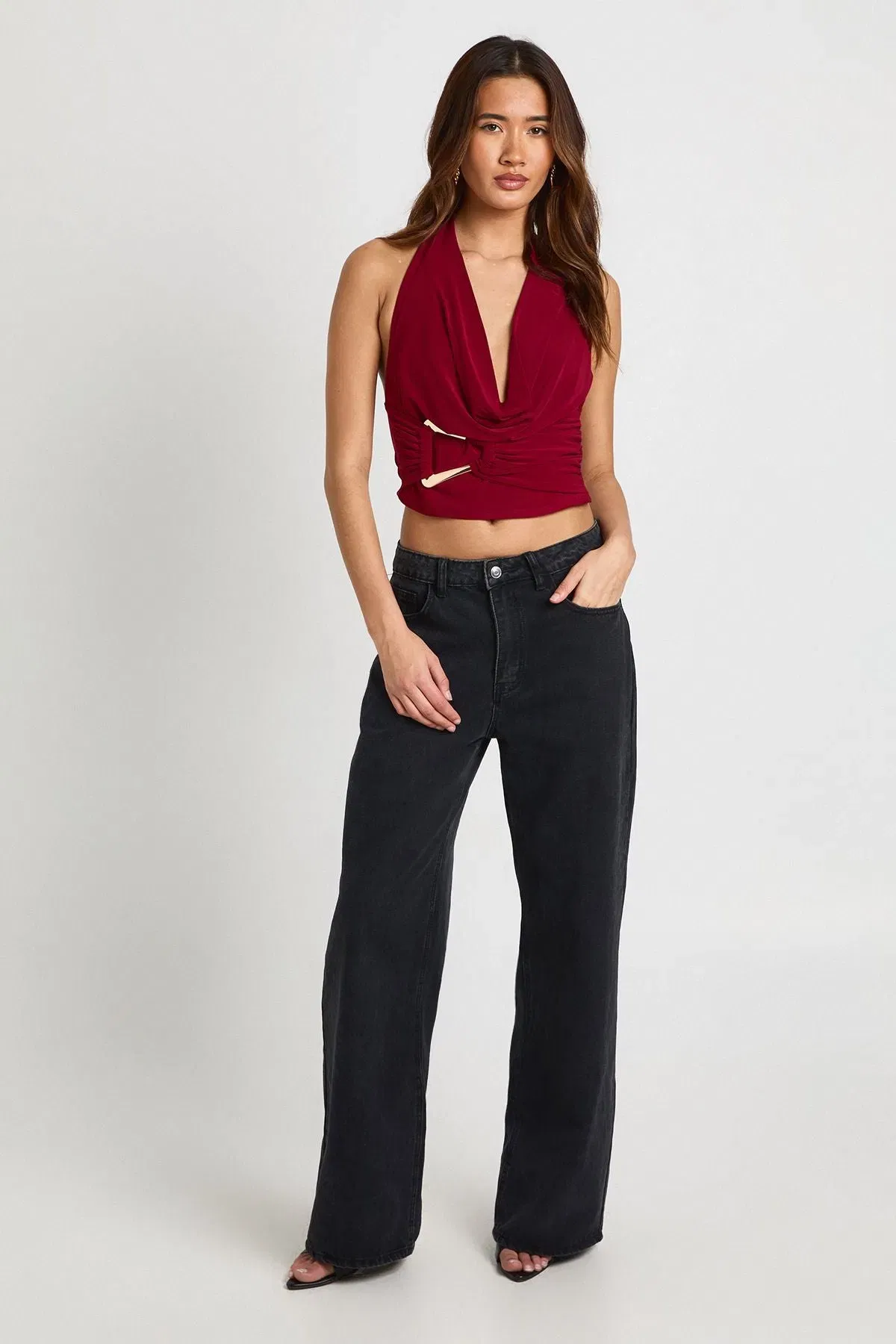 Double Layer Slinky Halter Neck Buckle Gold Trim Top
