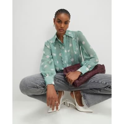 Blue Spot Print Scallop Trim Shirt