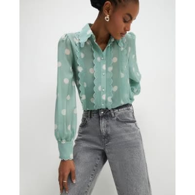 Blue Spot Print Scallop Trim Shirt