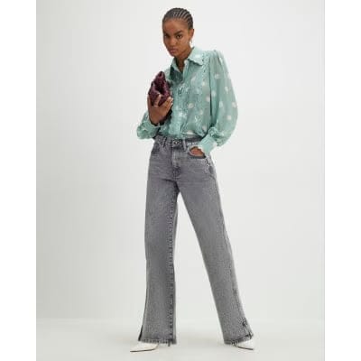 Blue Spot Print Scallop Trim Shirt