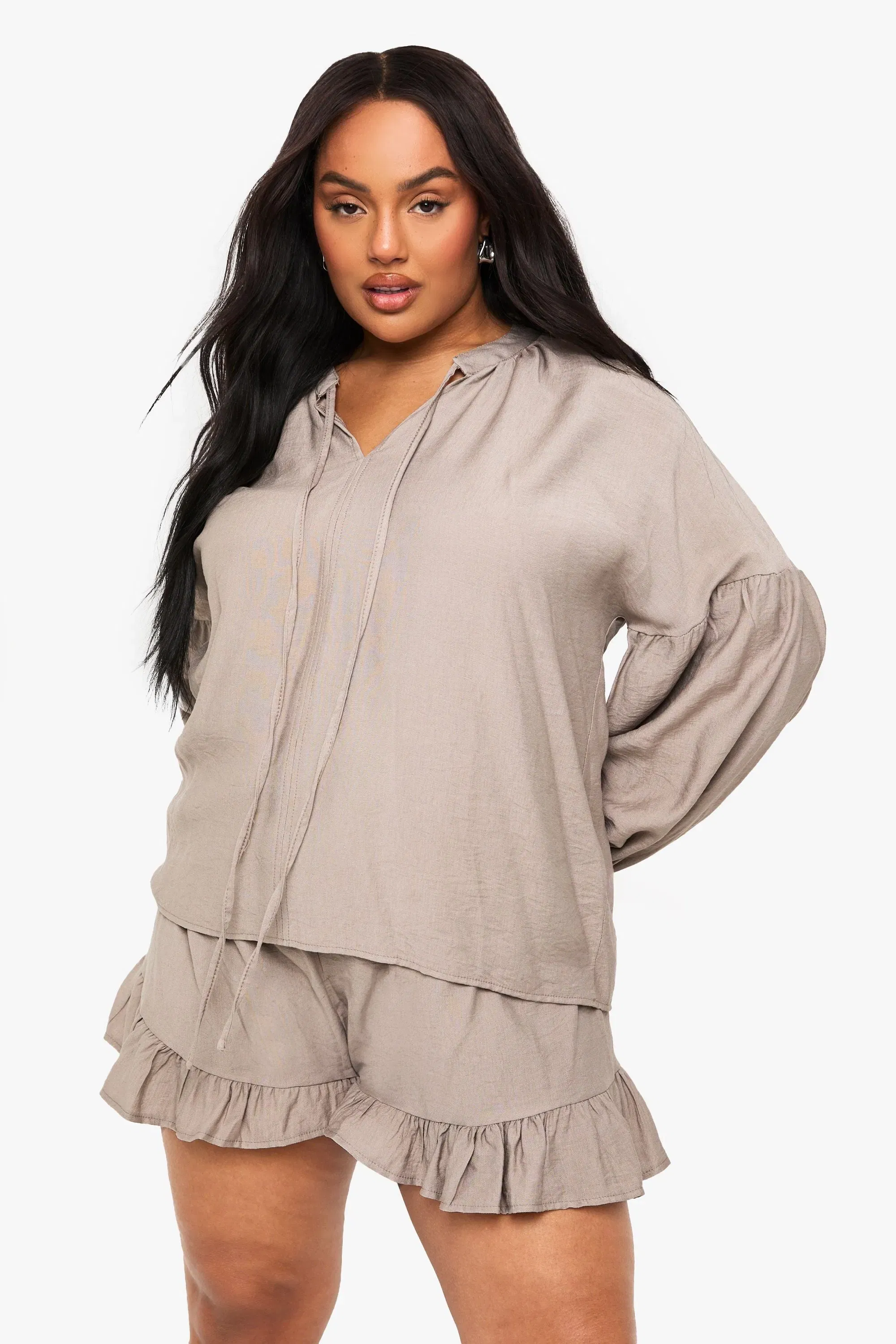 Plus Linen Look Frill Hem Short