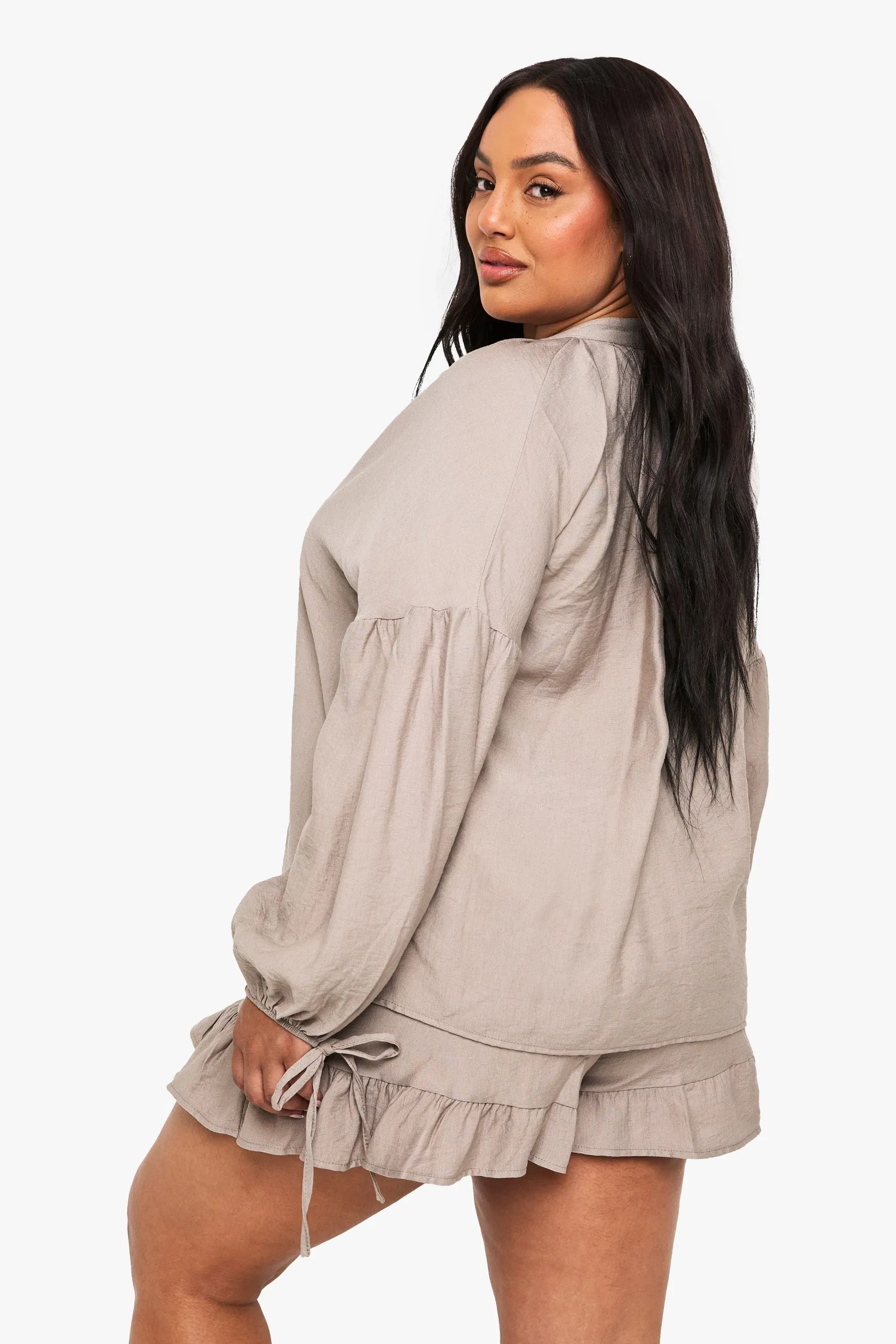 Plus Linen Look Frill Hem Short