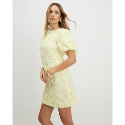 Yellow Puff Sleeve 3D Floral Mini Dress