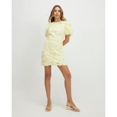 Yellow Puff Sleeve 3D Floral Mini Dress