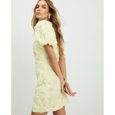 Yellow Puff Sleeve 3D Floral Mini Dress