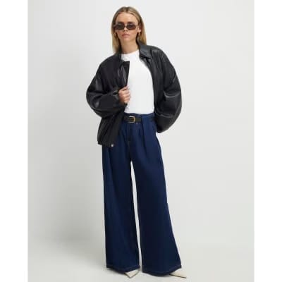Petite Blue Belted Pleated Wide Leg Jeans