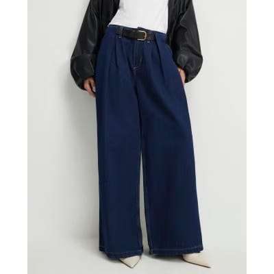 Petite Blue Belted Pleated Wide Leg Jeans
