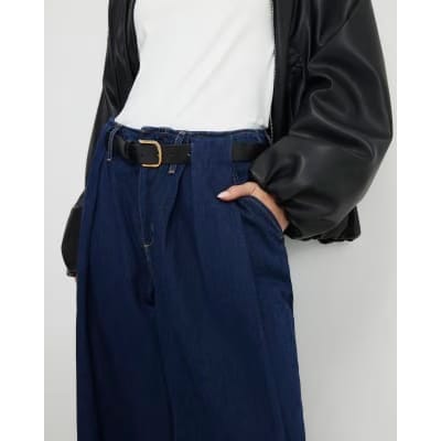 Petite Blue Belted Pleated Wide Leg Jeans