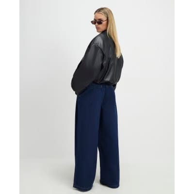 Petite Blue Belted Pleated Wide Leg Jeans