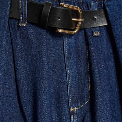 Petite Blue Belted Pleated Wide Leg Jeans