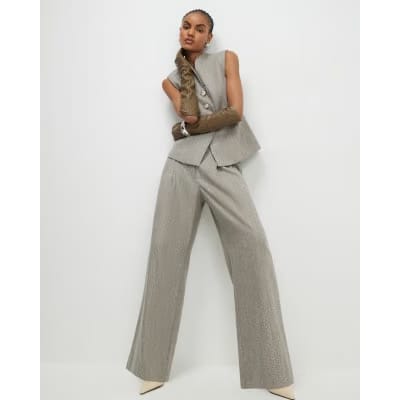 Beige Flecked Wide Leg Trousers