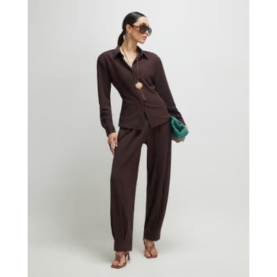 Brown Long Sleeve Shoulder Padded Shirt