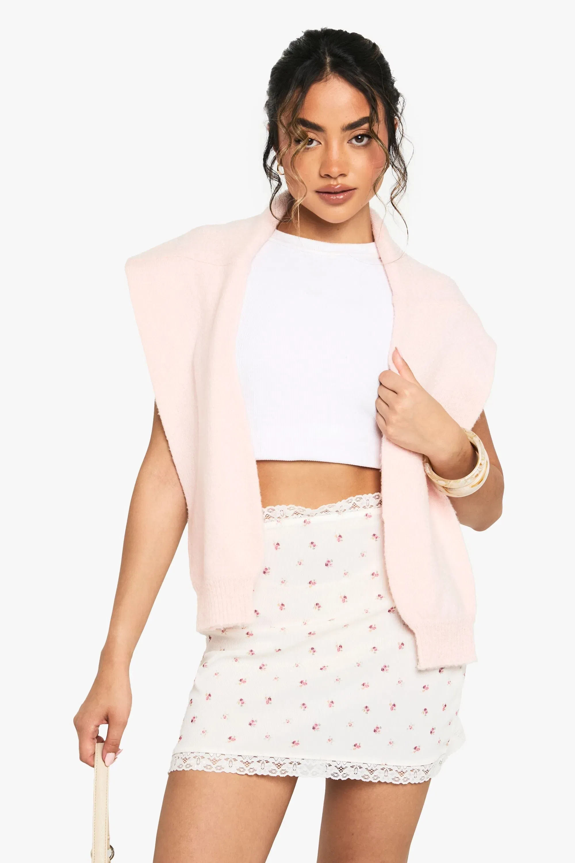Ditsy Print Rib Lace Hem Mini Skirt