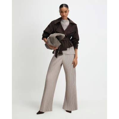 Grey Plisse Wide Leg Trousers
